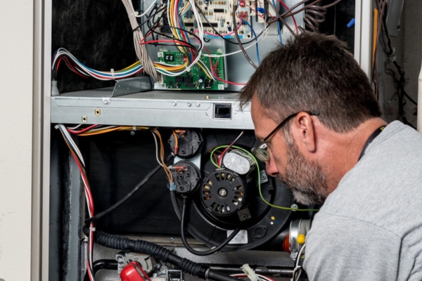 HVAC technician tending to a furnace