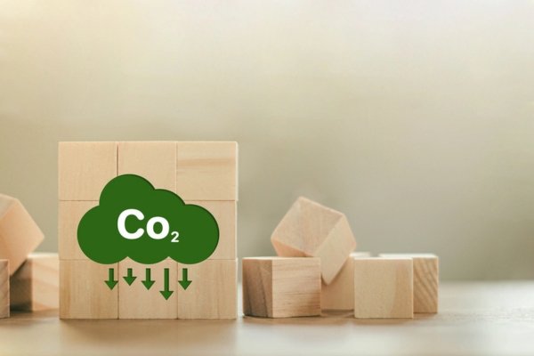 Green lower CO2 emission concept on a wooden block