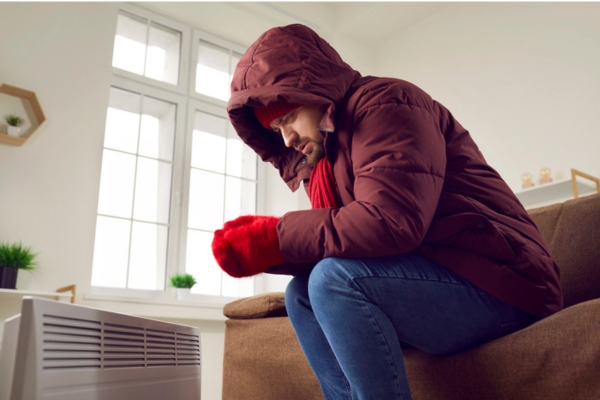 man trying to keep warm indoors due to furnace not working properly