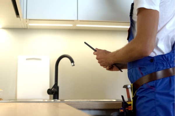 professional plumber assessing issues with kitchen faucet