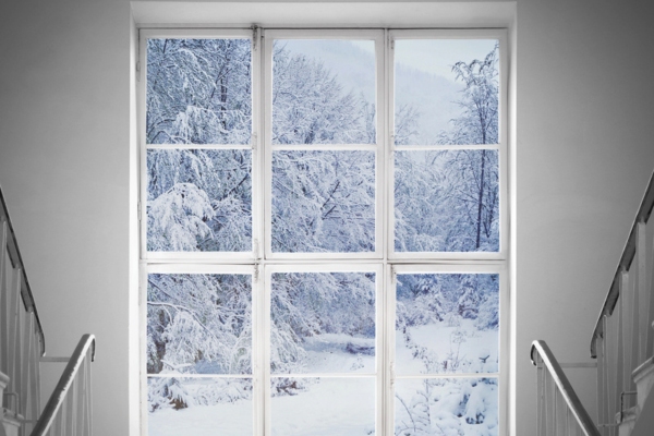 home window with snow landscape