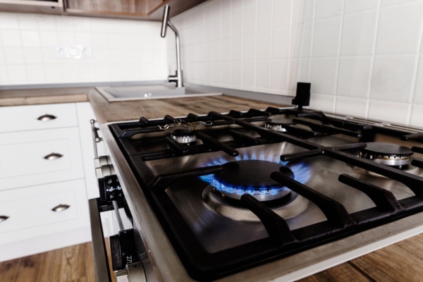 Blue gas burning from stylish propane-powered stove