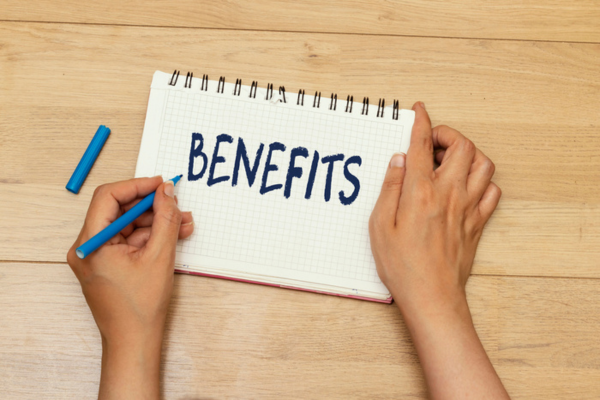 BENEFITS written on a notebook depicting propane-powered standby generator
